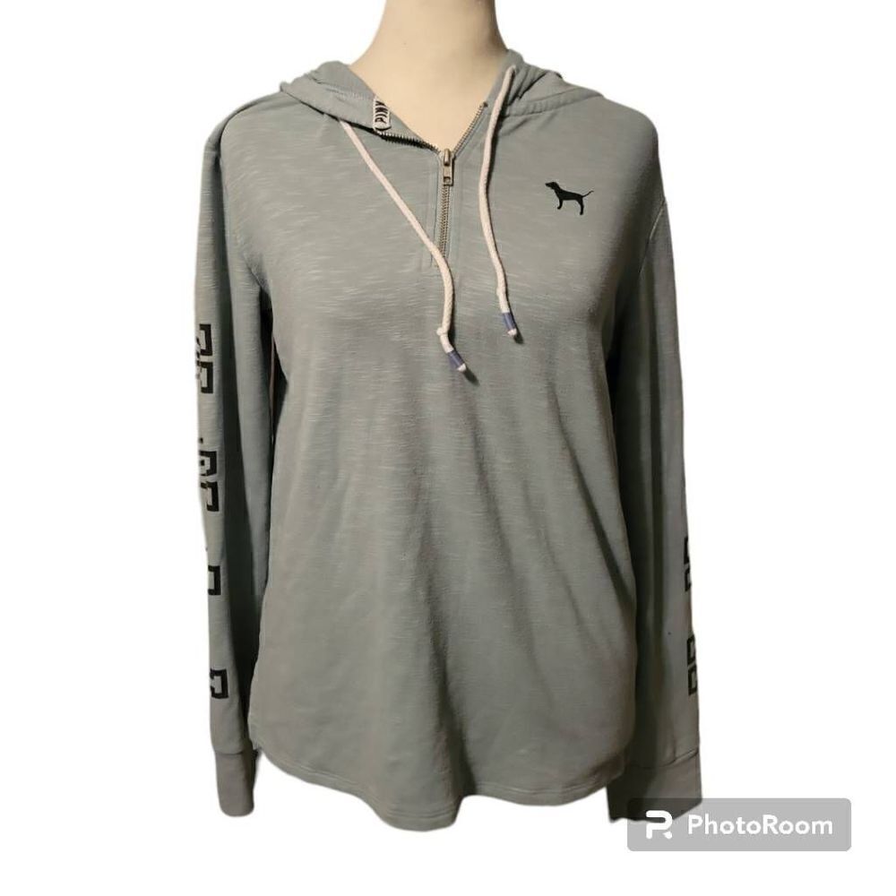 VICTORIA'S SECRET PINK PULL- OVER HOODIE LOGO ON SLEEVES, BACK, DOG ON FRONT- XS